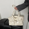 Off-white glossy patent leather tote bag with stylish belt buckle and metallic details - White