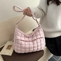 Pink quilted puff hobo bag with grid pattern and soft padded nylon shoulder strap - Pink