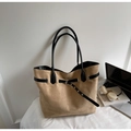 Detail of khaki suede tote bag featuring black leather handles and silver metal buckles - Khaki
