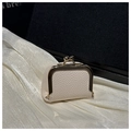 Macro view of cream litchi texture leather and gold metal clasp on a vintage mini bag - White