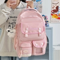 Pink multi-pocket college style nylon backpack with plush bear pendant and embroidery - With Charm / Pink