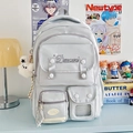 Off-white nylon backpack with multiple pockets and a plush bear charm for students - With Charm / Gray