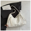 Dettaglio della borsa tote bianca con trama a pieghe e doppie cerniere con nappe - Senza Ciondolo / Bianco