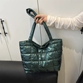 Dark green quilted tote bag with a glossy finish and dual handles for women - Green