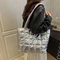 Silver quilted tote bag in metallic finish with large capacity for women - Silver