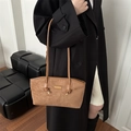 Brown faux suede tote bag featuring double thin straps and a yellow fashion label detail - No Pendant / Brown