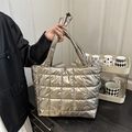 Metallic champagne silver quilted tote bag with large capacity for stylish commuting - Gold