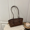 Retro dark brown suede underarm bag with Fashion label on knit sweater background - No Pendant / Brown