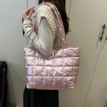 Minimalist light pink quilted tote bag with glossy metallic finish for women - Pink