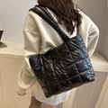 Women's black quilted nylon tote bag with wide shoulder strap in large size - Black