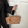 Vintage brown suede tote bag with fashion metal plate and wooden bead pendant accessory - With Pendant / Brown