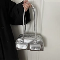 Silver metallic shoulder bag with double pockets and long handles in Y2K style - Silver