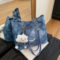 Borsa tote patchwork in denim blu con motivo a rombi e tracolla a catena dorata - Blu Senza Ciondolo
