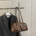 Chic brown patent leather shoulder bag with vintage dual pockets and silver hardware - Brown