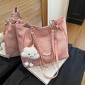 Pale pink quilted tote bag with pearl chain and cloud plush charm decoration - Pink With Cloud Pendant