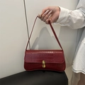 Retro red faux crocodile texture underarm bag with an elegant golden oval metal lock - Red