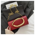 Glossy red shoulder bag with large gold buckle and metal chain strap for women - Red