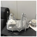 Silver tote bag with crinkled metallic texture and cute white cloud charm accessory - With Cloud Charm / Silver