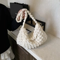 White bubble textured hobo bag with trendy pleated shoulder strap and soft cloud shape - White