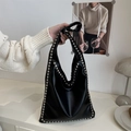Chic black PU leather hobo tote bag with silver rivet studs and a stylish wide strap - Black