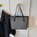 Borsa tote in tela a scacchi neri e grigi con manici in pelle e dettagli laterali - Nero