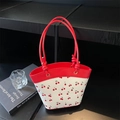 Minimalist red and white cherry print tote bag with leather straps and knotted detail - Red