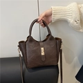 Vintage dark brown tote bag with textured faux leather and gold metal twist lock buckle - Brown