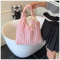Pink pleated bubble shoulder bag with lace bow detail and soft popcorn texture - Light Pink