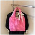 Pink bubble textured tote bag with cream lace bow and stylish ruched pleat design - Rose Pink