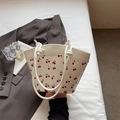 White shoulder tote bag with red cherry print and decorative knotted handle - Beige