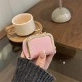 Mini pink lychee grain leather jewelry pouch with golden kiss-lock closure for rings - Pink