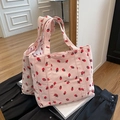 Sac fourre-tout rose en velours côtelé avec imprimé fraises et doubles poignées - Rose