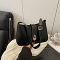 Minimalist black leather underarm bag with gold gourd buckle and adjustable strap - Black