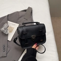 Vintage black minimalist small square handbag with metal buckle and adjustable strap - Black