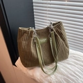 Large tan corduroy tote bag with green leather straps and silver chain detail - Green