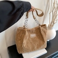Brown corduroy tote bag with chain strap and leather patch for women's daily commute - Brown