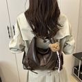 Retro large coffee leather tote bag with a cute teddy bear charm for daily commute - Brown Bear Head Pendant