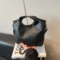 Chic black quilted woven bucket bag with round handles and detachable strap for women - Black without Pendant