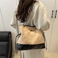 Beige quilted velvet and black leather bucket bag with golden chain strap for women - Khaki
