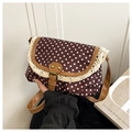 Detail van retro roze polkadot canvas tas met witte kant en bruine leren gesp - Rood