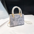 Elegante Retro-Jacquard-Handtasche in Blau und Weiß mit abnehmbarem Schultergurt - Gebrochenes Weiß