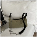 Detail of olive green wrinkled nylon texture and silver chain strap on shoulder bag - Green