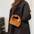 Brown plush faux fur shoulder bag with leather scrunchie handle and matching strap - Brown