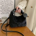 Furry black plush tote bag with soft faux fur and chic heart charm accessory - Black