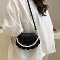 Chic black shell-shaped handbag with snake pattern texture and large pearl chain strap - Black
