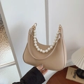 Beige crescent bag with oversized pearl handle and FASHION & BAGS logo detail - Khaki