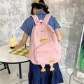 Pink cartoon duck backpack for girls with yellow webbed feet and 3D beak details - Pink