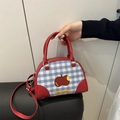Red plaid handbag with apple motif and adjustable shoulder strap for women - Red