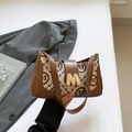Borsa a spalla vintage francese in tela beige con motivo M e finiture in pelle - Cachi