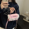 Sweet pink mini bow bag with white lace trim and adjustable shoulder strap for women - Pink